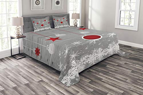ABAKUHAUS Weihnachten Tagesdecke Set, Sterne-Flitter Schnee, Set mit Kissenbezügen Kein verblassen, für Doppelbetten 220 x 220 cm, Grau-rot-weiß