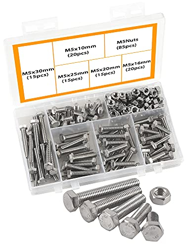 M5 Edelstahlschrauben, Schrauben, selbstbohrende Schrauben, Metall, 304 Set aus Edelstahl, Knopf mit Sechskantkopf, Sockel, Kopf, Kabel, Bolzen mit Muttern, Sortiment Bolzen und Mutter