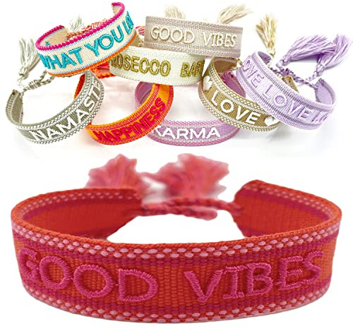 LS-LebenStil Exklusives Statement Armband - das Original - Good Vibes Rot Pink 16-20cm Quasten besticktes Boho Canvas Webarmband Damen Freundschaftsarmband Geschenk gewebt textil Stoffarmband