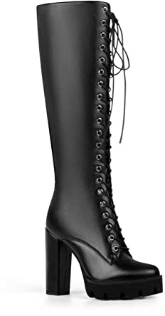 ANN CREEK Women's Black Knee High Platform Lace Up Boots - Lady Chunky Heel Round Toe Mid Calf Tall Heeled Fashion Winter Boots Size 7