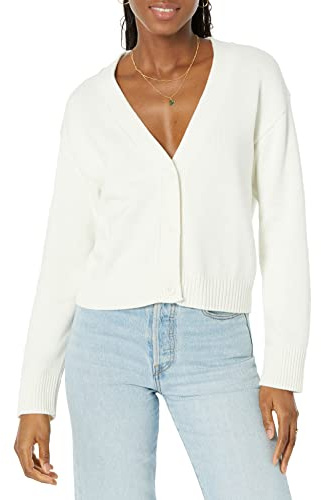 Amazon Essentials Women's Relaxed Fit V-Neck Cropped Cardigan, Ribbed Knit, Eggshell White, X-Large