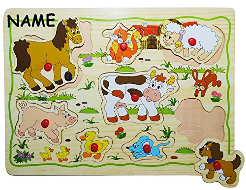 alles-meine.de GmbH Steckpuzzle mit Griffen - Bauernhof/Tiere - incl. Name - aus Holz - 8 Teile - großes Holzpuzzle/Einlegepuzzle - Griff Legespiel - Rahmenpuzzle/Kinde..