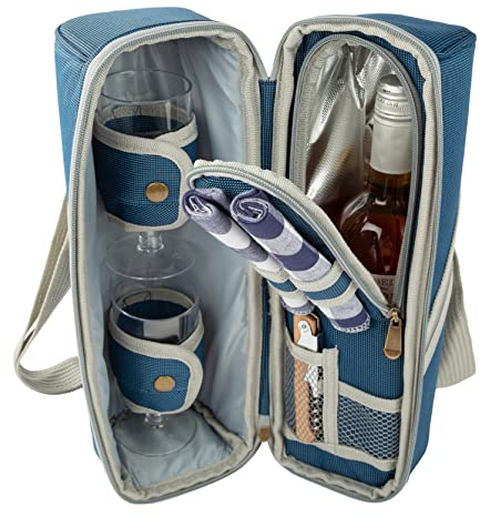 2 Person Insulated Deluxe Wine Cooler Bag with Accessories, Perfect for Picnic, Camping, and Beach (Harbour Blue)