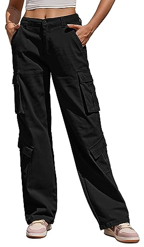 ZMPSIISA Women Pants High Waisted Cargo Pants Combat Military Wide Leg Casual Trousers 8 Pockets(Black,Large)