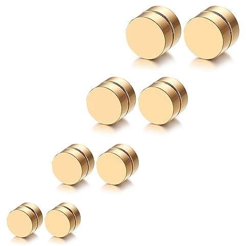 JewelryWe Magnetische Ohrstecker Edelstahl Non-piercing - 4 Paar Gold Magnet Ohrringe für Herren Damen Kreis Rund Magnetohrringe Fake Plug Tunnel Ohrclips Clip on Ohrringe Ohne Ohrloch 6-12mm