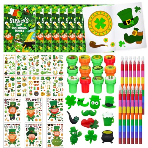 Cinrobiye 72 Pcs St Patrick's Day Coloring Book with Crayons Party Favors Bulk，Saint Patricks Day Goodie Bags Fillers Games Gift Craft DIY Kit Face Stickers Tattoo Stamps for Classroom Party