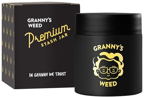 Granny's® Premium Stash Jar | Omas Kräuterglas | Bis zu 8 Gramm Fassungsvermögen | Schwarz|100% Geruchsdicht | UV-Schutz Garantie | Geschenke Set | Mit Kindersicherung im Deckel | 120 ml