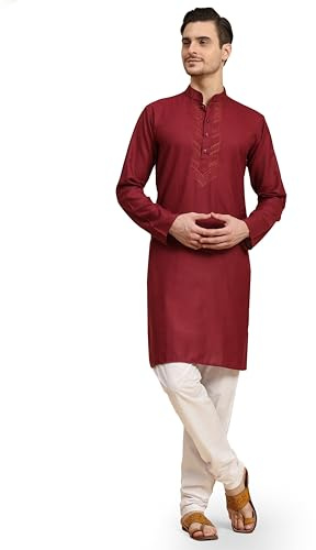SKAVIJ Herrbroderad bomullsblandning Kurta Set för män Indien etnisk klänning, Rödbrun, XL