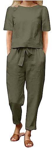 2 Piece Outfits for Women UK Summer Tracksuit Sets Solid Co Ords Loose Fit Round Neck Short Sleeve T-Shirt Cotton Linen Tops and Long Pants Casual Trousers Ladies Lounge Suits Army Green