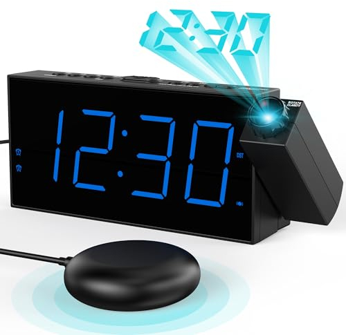 Mesqool Sveglia da Comodino A Vibrazione Con Proiezione 180° - Doppie Sveglie per Sonno Profondo, Grande Schermo, 12/24 Ore, Batteria Backup, Blu