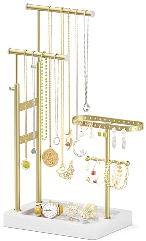 Alsonerbay Schmuckständer Gold, 360° Ohrringe Aufbewahrung, 3 Tier Metal Schmuckständer Groß mit Holz Base, Schmuck Organizers für Ketten Ohrringen Ringen Uhren Armbändern, Weiß