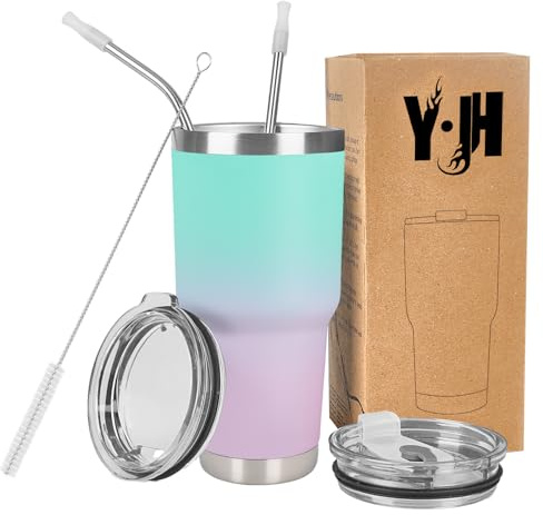 Y·J&H 30oz (850ml) Travel Tumbler Double Wall Vacuum Insulated Coffee Mug Stainless Steel Coffee Cup with 2 Splash Proof Lid, 2 Straws & Free Cleaning Brush, BPA Free - CyanBlue&Violet