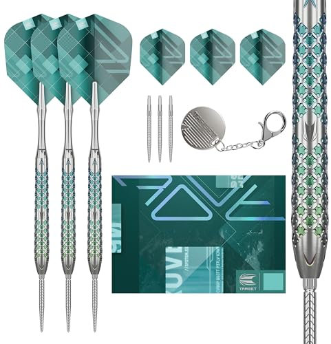 TARGET Darts Rove Steel Tip Swiss Point Darts, 90% Tungsten Dart Set, Barrel 03-22G | Steel Tip Dart Sets, Green & Silver Darts, Professional Dart Set with Swiss Points & Tool
