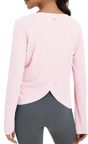 baleaf Women's Long Sleeve Gym Tops Crossed Back Running Yoga Sports Tank Tops Quick Dry UV Protection Light Pink S