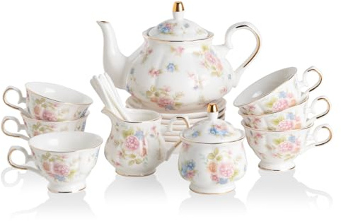 Sweejar Porcelain Tea Set Vintage Floral, British Relief Gold Rim Teapot Cup and Saucer Sets, 22-Piece Tea Sets for Adults, with Teapot, Sugar Bowl, Milk Jug, Spoons, Cup and Saucer (Small Flower)