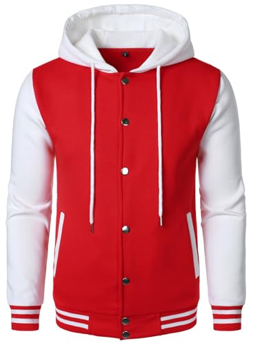HOOD CREW Hooded Varsity Bomber Jacket Cotton Blend Letterman Hoodie Baseball Jackets for Men Red L