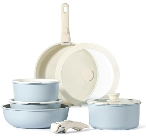 Batterie de Cuisine Antiadhésive 11 Pièces avec Poignée Amovible : Ensemble Empilable de Casseroles et Poêles pour Induction, Gaz, Four et Lave-Vaisselle (Bleu)