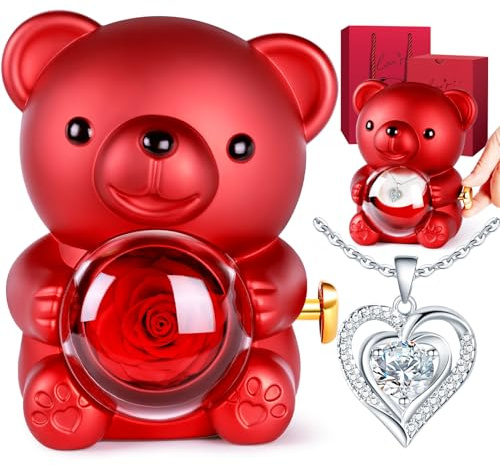 Oso Rosa Eterna con Collar, Osito Rosa Eterna Rojo, Regalo San Valentin Mujer, Regalo Mujer Cumpleaños Mama, Regalos para Ella Navidad Aniversario, Originales Oso con Flor Eterna