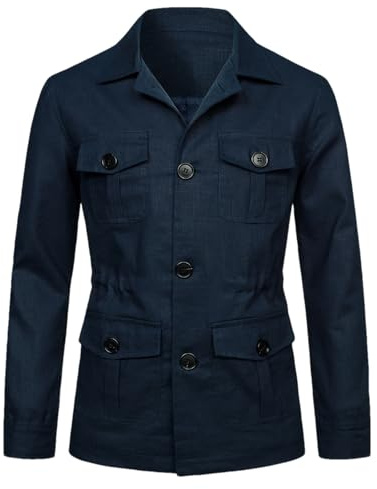aromm Chaqueta de Lino Ligera para Hombre Abotonar Transpirable Casual Blazers Abrigo Marina con Bolsillos, M