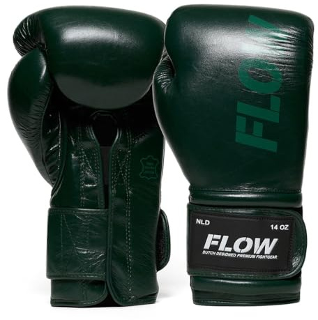 Flow Challenge Gants de Boxe en Cuir Véritable – Coupe Tight-Fit Ajustée pour Un Contrôle Précis – Sparring, Sac de Frappe, Muay Thai, Kickboxing & MMA – Homme et Femme - Vert Foncé - 14oz