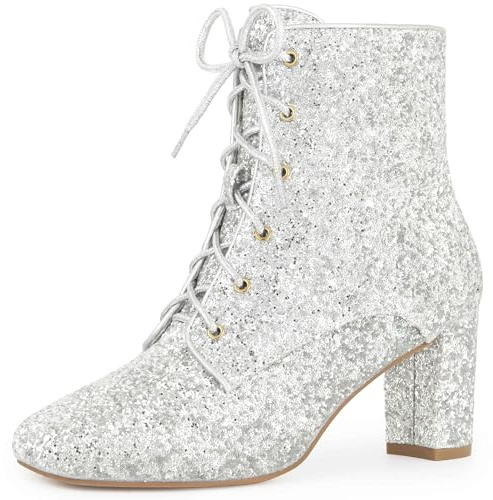 Perphy Lace Up Square Toe Sparkly Glitter Block Heels Ankle Boots for Women Silver 5 UK/Label Size 7 US