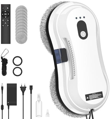 IERAKOR Robot Limpiacristales, 5600Pa Limpiacristales Electrico con Automática de Rociado de Agua, 35 ml Depósito de Agua, 3 Modos de Limpieza, Control Remoto, Detección de Bordes, 10 Paños