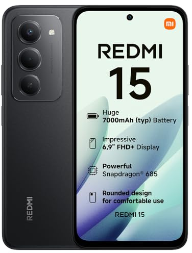 XIAOMI Redmi 15, Smartphone 8+256GB, 6.9 FHD+ 144Hz DotDisplay, Snapdragon 685, 50MP AI dual camera, 7000mAh Battery, Black, Charger Not Included
