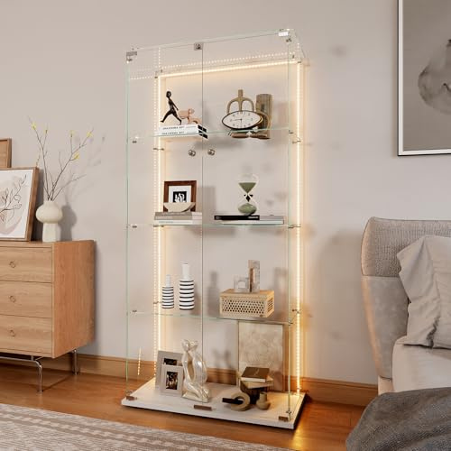 TIMORWTF Vitrine en Verre avec Bande LED,Armoire Vitrine pour Collection Transparent Meuble vitrine Verre avec 2 Portes à Serrure et 4 Étagères Vitrines Salon Bar,163x78.5x35 cm, Blanc