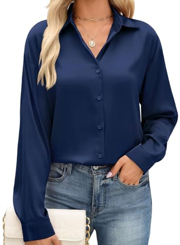 PASUDA Camicia Donna Elegante in Raso Camicetta con Bottoni Casual Maniche Lunghe Blusa Scollo a V Camicette Affari da Lavoro Tops Leggero Traspirante Shirts Moda Ampia Magliette(Blu Navy,L)