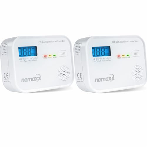NEMAXX® CM18 Kolmonoxidvarnare/CO-Alarm med LCD-Display – 85 dB, Elektrokemisk Sensor, EN 50291-1:2018, Testknapp, 3× AA LR6 Batterier, Produktlivslängd 10 År – 2-Pack