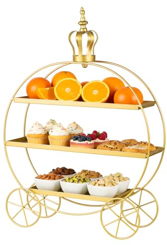 SUNNYNEST 3‑Tier Iron Dessert Display Cart with Wheels Round Metal Cake Stand for Cakes, Pastries Buffets Portable Tiered Serving Tray for Parties Christmas Wedding or Home (Gold)