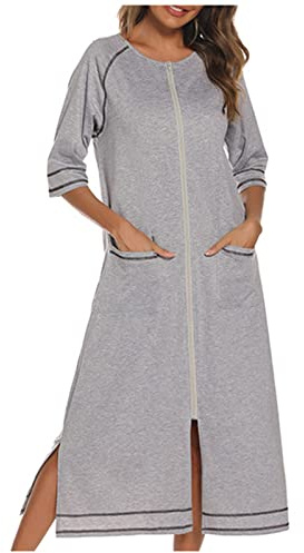 Keepink Zip Up Dressing Gowns for Women UK Long Nighties Loose Casual 3/4 Sleeve Nightdresses Comfy Lightweight Bathrobes Pyjamas Loungewear Nightgowns Nightwear Housecoats Pockets