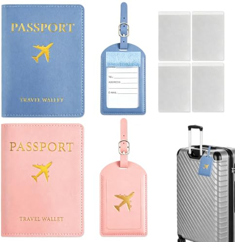 YinnFeen 2 Pièces Protege Passeport, Étui pour Passeport Rose et Bleu avec Étiquette Bagage, Housse de Passeport Porte-Passeport en PU pour Cartes d'Identité et Documents de Voyage