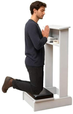 Trä Bönknäbänk med Lutande Läsplattform och Hylla Bekväm Knäbänk för Katolsk Bön Hemaltare Pult Pall för Meditation(White)