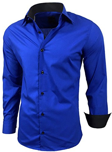 Subliminal Mode - Repassage Facile Chemise Homme Col Bicolore Uni Manches Longues Coupe Slim Business Idée Cadeau, Noël, Saint Valentin RN44,M,Bleu Roi