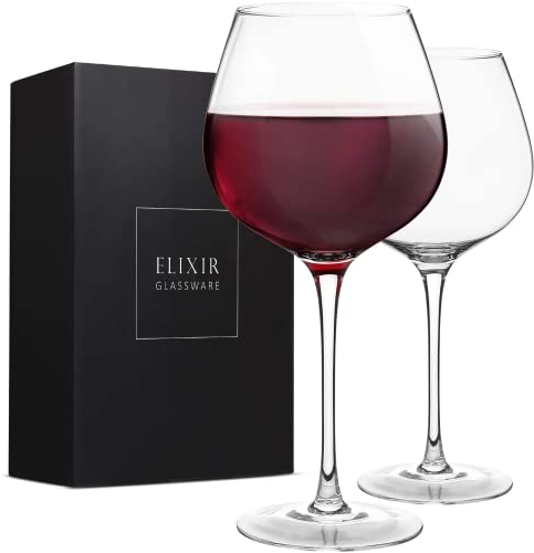 Verres à vin rouge - Grand soufflé à la main - Lot de 2 à longue tige 100% sans plomb cristal de qualité supérieure - Cadeau pour dégustation de vin, mariage, anniversaire, Noël - 22 oz, transparent