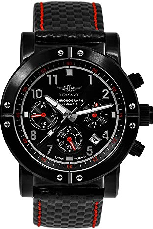 Poljot Pilot P-Sports 43.S 31681 Orologio con cronometro russo meccanico a carica manuale, orologio sportivo surfista nero, cinghia