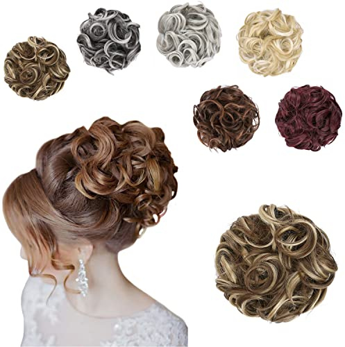 Elaine Big Messy Bun Extension Curly Hair Buns Hair Pieces for Women Synthetic Wavy Large Scrunchies Thick Updo Ponytail (Ash Blonde & Medium Golden Brown Mixed -#60)