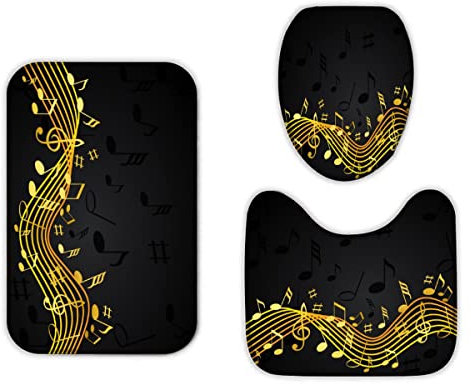 RLYXGS Goldene Note Badezimmermatten und Teppiche 3-Teiligs Set Schwarz Flanell Memory Foam rutschfeste Matten und Badteppich,Modern Toilettendeckelabdeckung,Badvorleger Badgarnitur WC Vorleger
