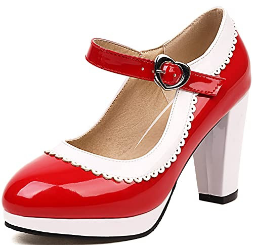 Smilice Women Block Heel and Round Toe Mary Jane Pumps Red