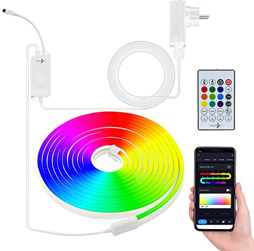Lunartec LED Schlauch RGB: WLAN-Neon-Schlauch mit RGBW-IC-LEDs, App, Sprachsteuerung, IP65, 5 m (Glaskantenbeleuchtung, Smarthome-Strips, Band)