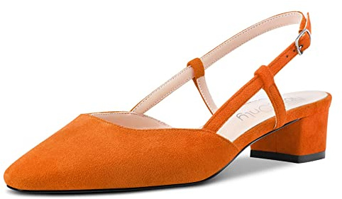 NobleOnly Femmes Bloc Chunky Bas Kitten Talon Heel Carré Bout Sandales Slingback Slip-on Escarpins Mariage Cute Chaussures Orange 40 EU