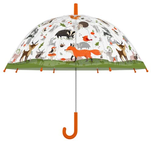 degawo Kinder Regenschirm transparent mit WALDTIEREN und orangem Griff