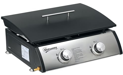 Outsunny Gas Plancha Barbecue Grill with 2 Stainless Steel Burner, 5kW, Portable Tabletop Gas BBQ with Non-Stick Griddle for Camping Picnic Garden Party Festival