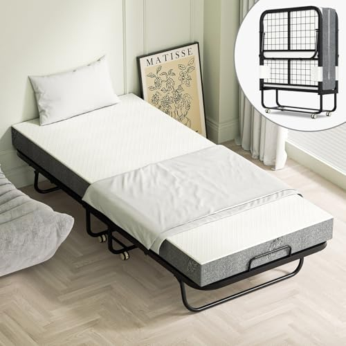 Tubiaz 90x200cm Klappbett, Einzelbett mit 13cm Dicke Hochdichter Schaumstoff Matratze, Erwachsene Gästebett Klappbar mit Rollen, Metallbett belastbarkeit 200 kg, für Schlafzimmer,Büro,Wohnzimmer