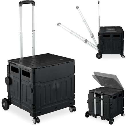 Relaxdays Carro de la Compra Plegable, Carrito de Transporte con Ruedas, Tapa y Asa Telescópica, hasta 50 kg, Negro