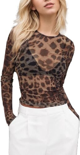 EMOTTOS Damen Leopardenmuster Durchsichtige Netzoberteil, Sexy Rundhals Oberteil mit Animal Muster Shirt, Damen Y2K Slim Fit Mesh Tops Ausgehen Clubbing Party Enges T-Shirt, Schwarz, L