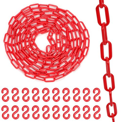 Swpeet Chain Link Fence, Plastic Chain Barrier for Crowd Control, Traffic, Queuing Line (rojo) 21 unidades 5 m x 6 mm de plástico cadena de eslabones con gancho en S barrera de cadena de plástico