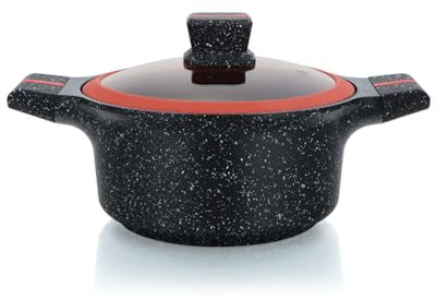 Herzberg, HGRSCAS20, Granit-Kasserolle mit Glasdeckel, ideal für gesundes Kochen, 20 cm, kratzfest, leicht zu reinigen, perfekt für alle Arten von Feuer, Rot und Schwarz