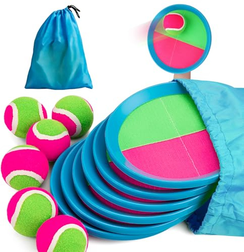 INPODAK Toss and Catch Ball Set,Garden Games for Kids 8-12 Years,Children Bat Balls Catcher Set,Outdoor Sand Beach Toys for Kids Age 3-8 Years old(6 Balls,6 Paddles)